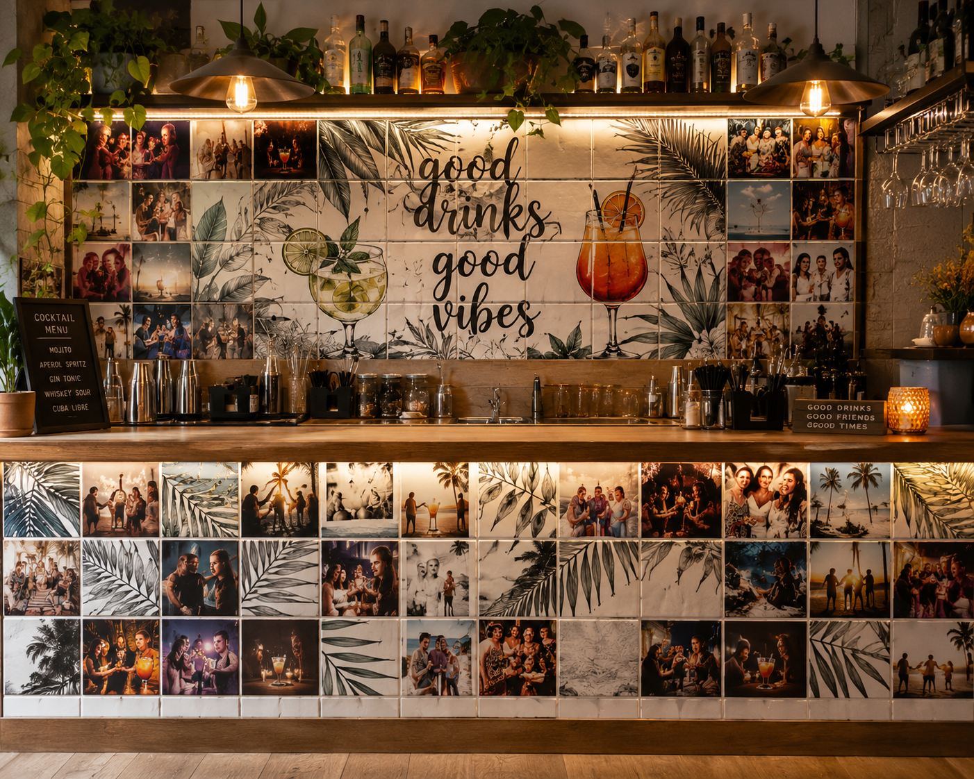 Bar z ceramiczną mozaiką ze zdjęć i ilustracji w stylistyce Good Drinks Good Vibes